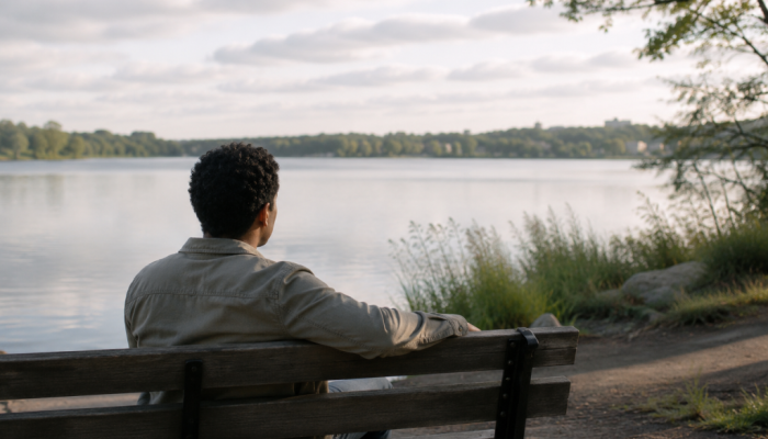 Man sitting peacefully on a bench beside a lake, viewed from behind