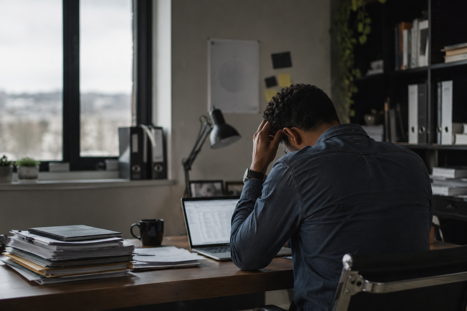 Man overwhelmed at his desk after work