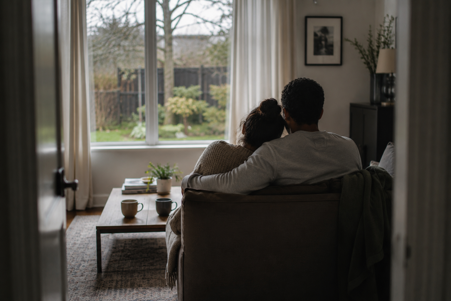 Couple sitting together on the sofa, viewed from behind