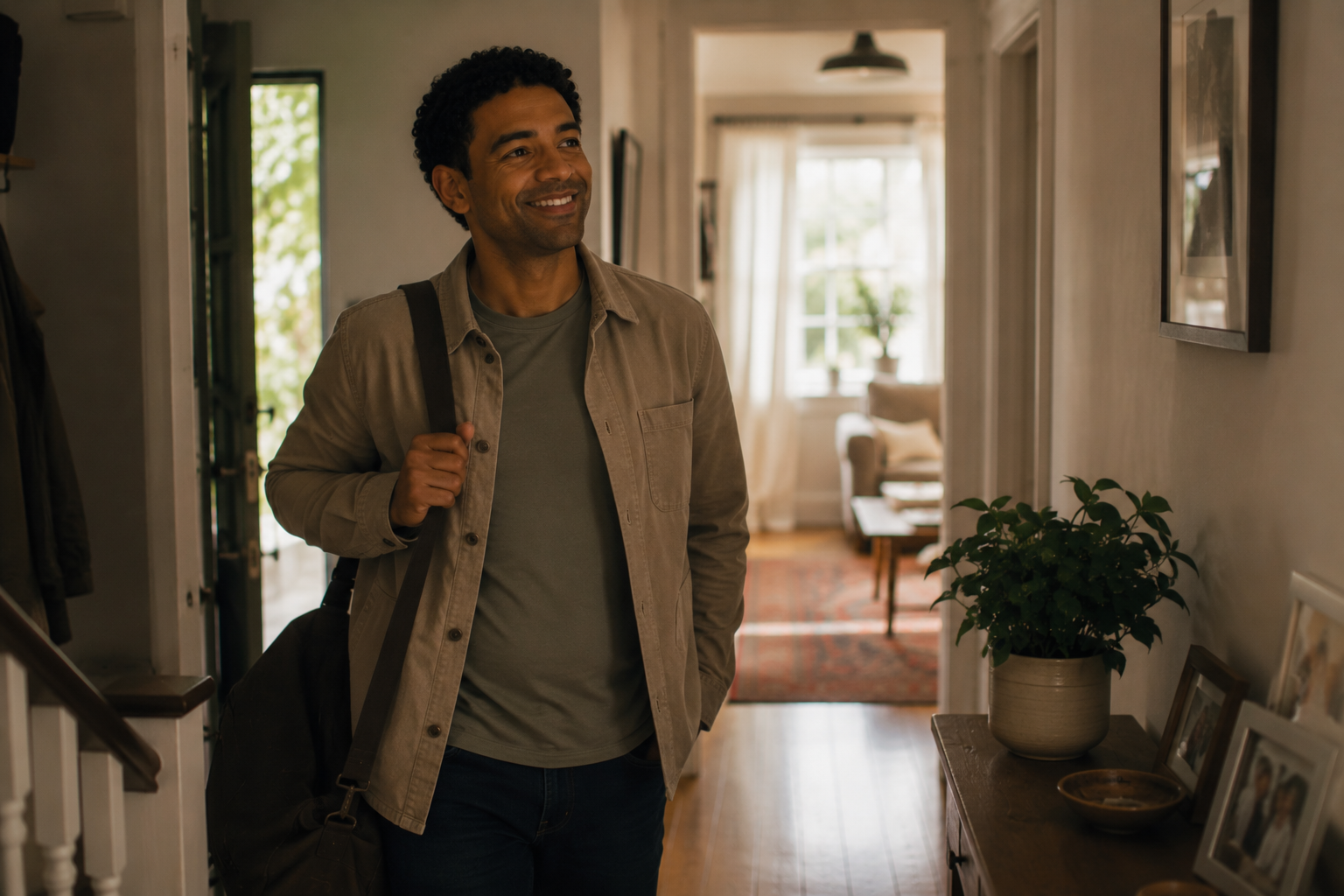 Man standing in the hallway, smiling as he comes home