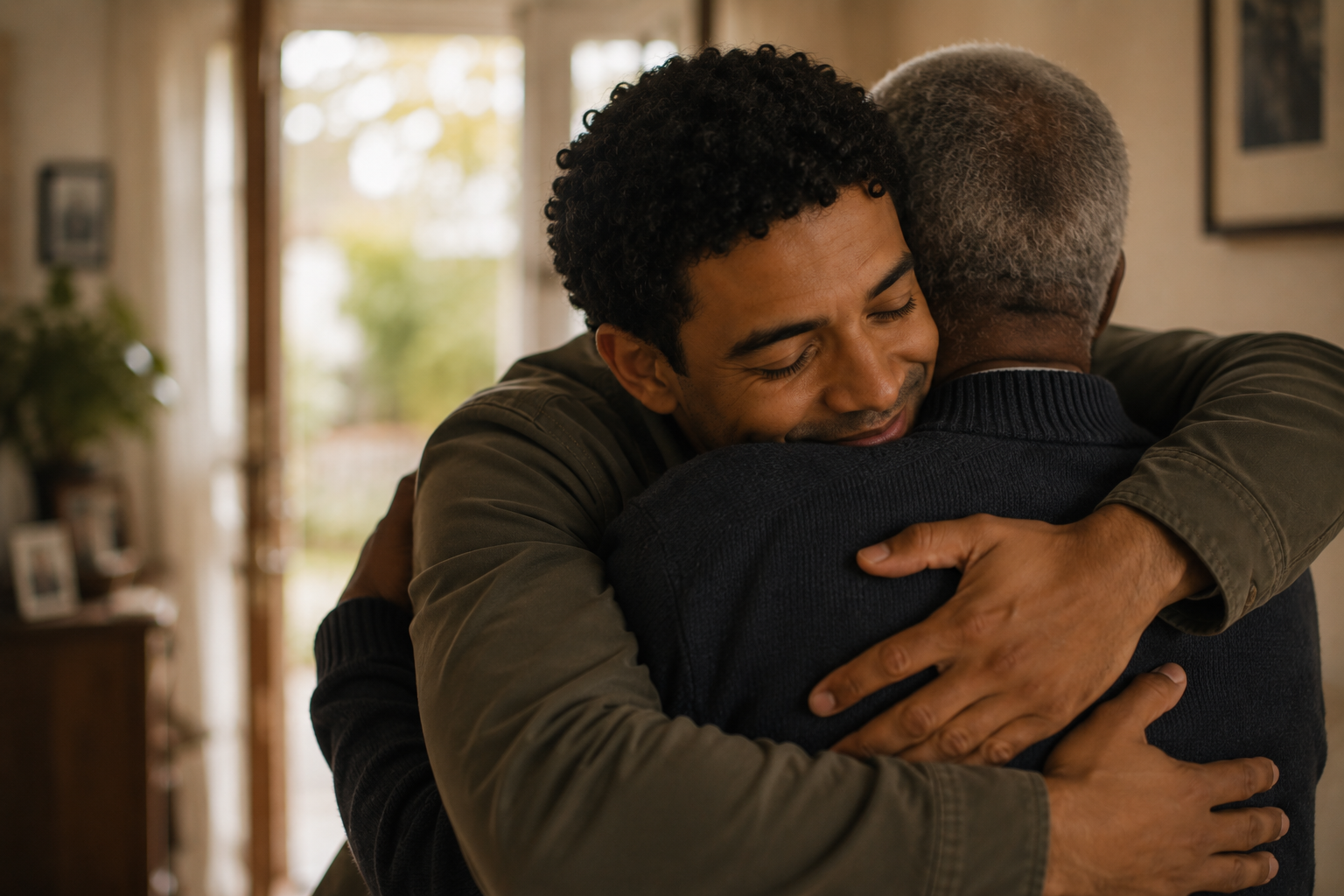 Young man embraced by his older father