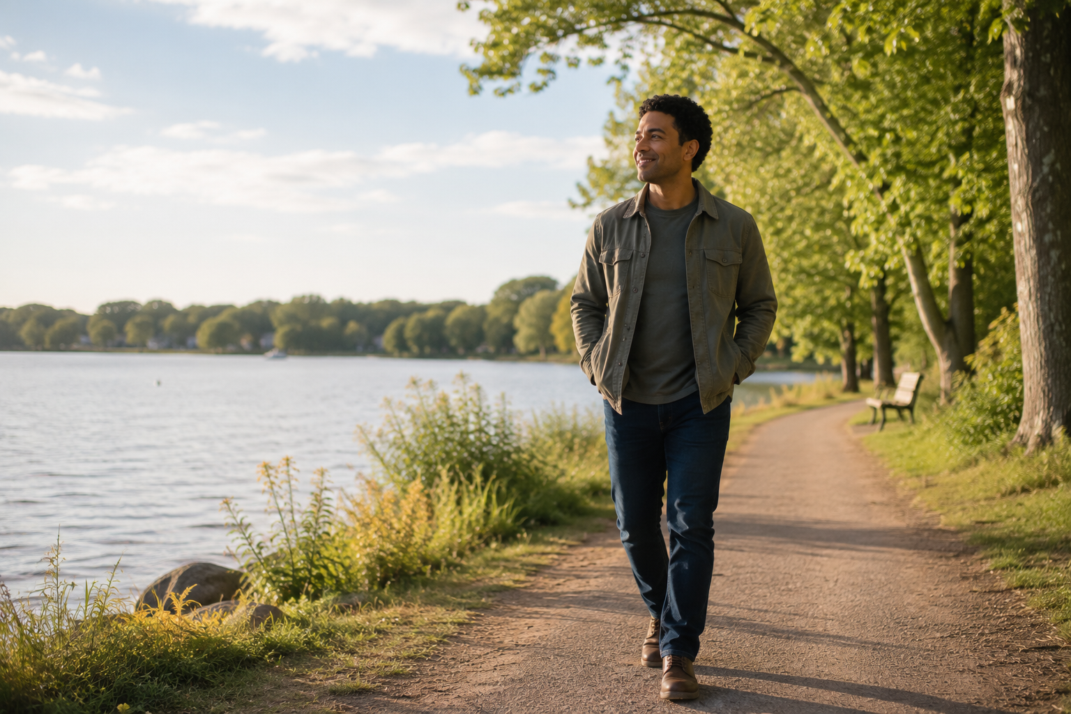 Man walking peacefully beside the lake