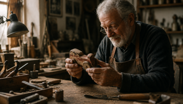 Craftsman restoring a worn old wooden toy