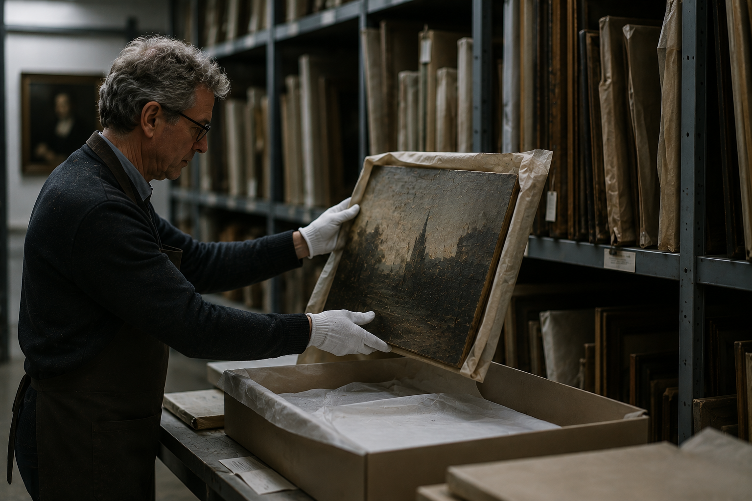 Curator carefully handling an old painting in an archive