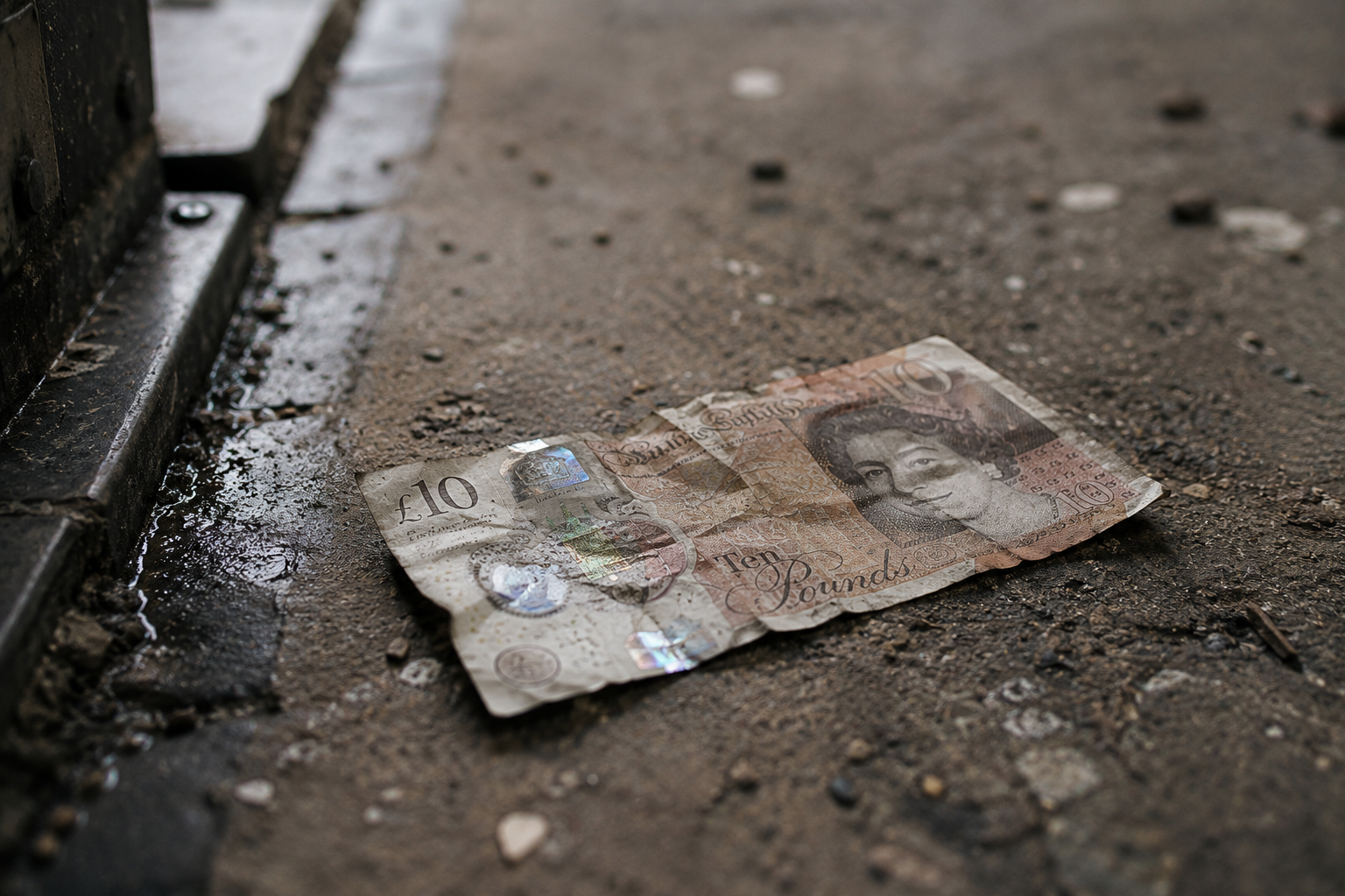 A crumpled, dirty ten pound note on the ground