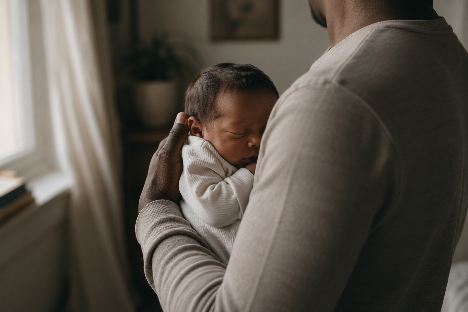 Father holding his sleeping newborn