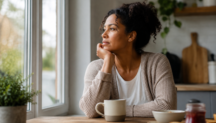 Woman sitting quietly at a table, reflecting